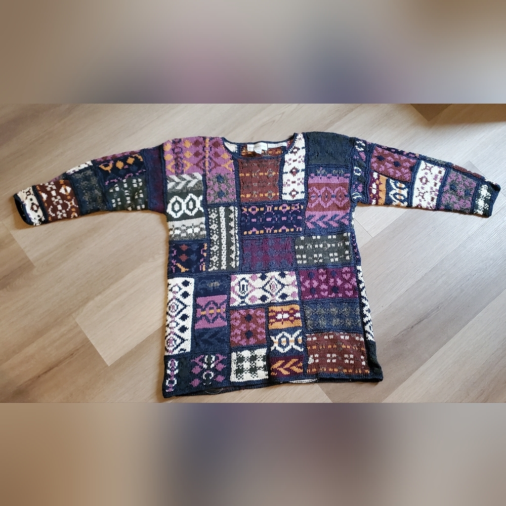 🎨 Paris Sports Club Hand-Knit Colorful Patchwork Sweater Size L 🎨